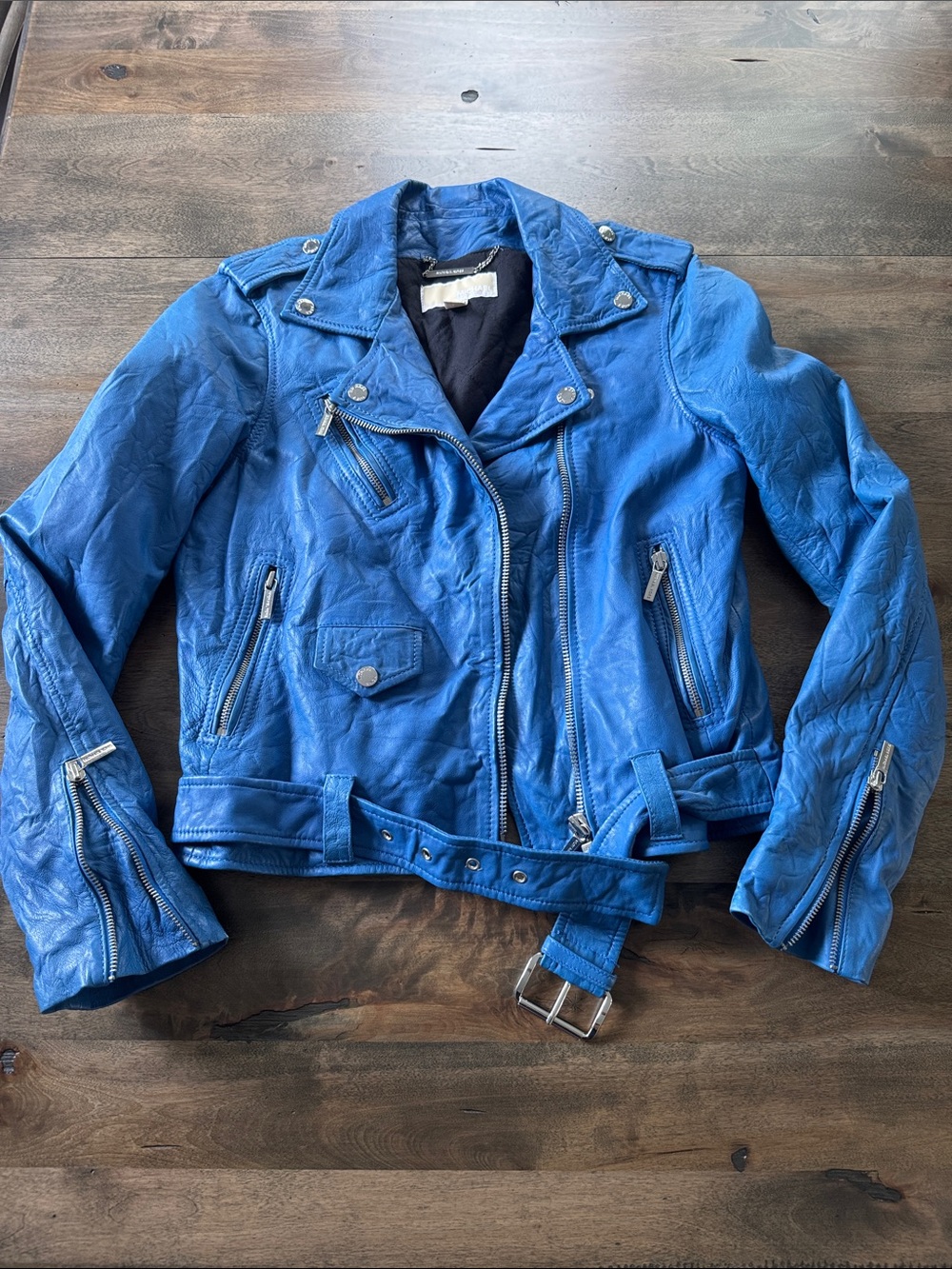 MICHAEL Michael Kors Bright Blue Leather Moto Jacket